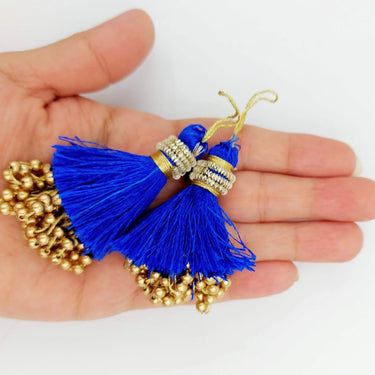 Royal Blue Tassels With Gold Beads, Beaded Thread Tassel Charms, Silky Tassels